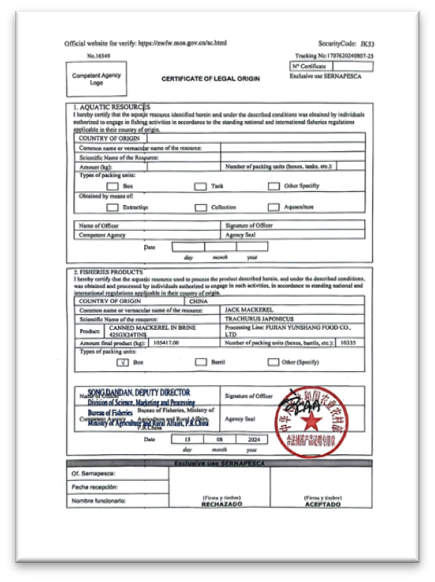 Certificate of Catch for Chile