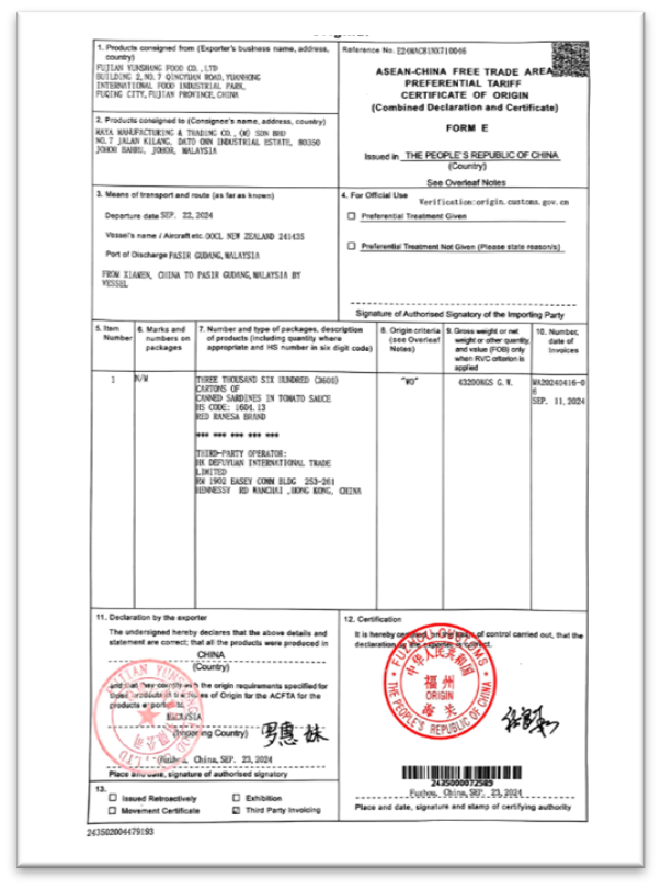 Certificate of Origin Form E for Asean-China countries
