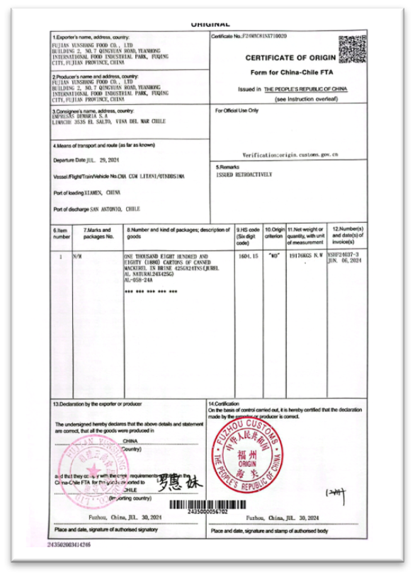 Certificate of Origin Form for Chile