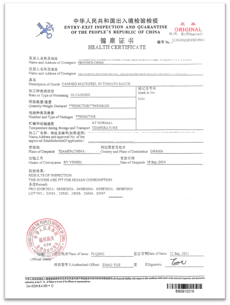Health Certificate- other countries